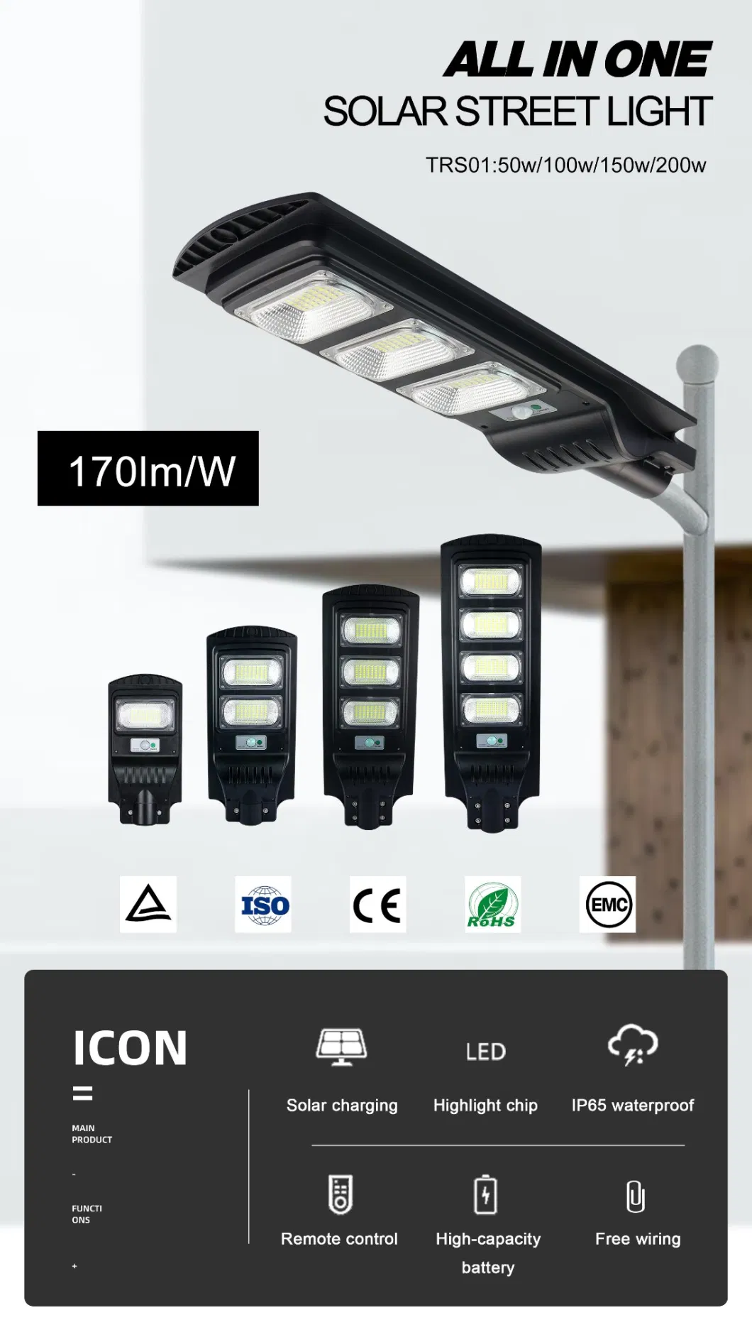 Wholesale Custom Aluminum Outdoor Road Garden Flood Lighting Waterproof IP67 50W 100W 150W 200W All in One Automatic Bifacial LED Solar Street Light